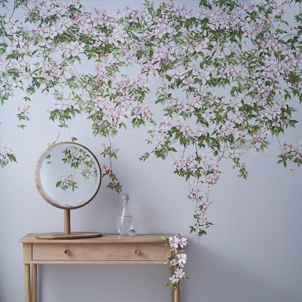 Classic Clematis Mural Wallpaper Dusty Blue