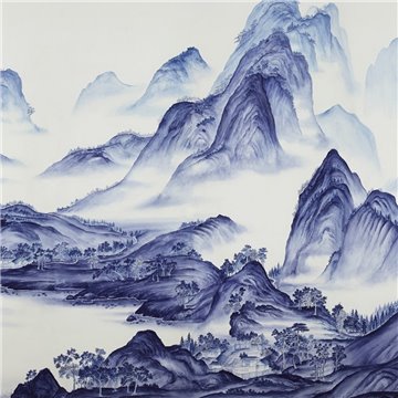 A Thousand Li of Rivers and Mountains A Thousand Li of Rivers and Mountains Delft on Bleached White dyed silk