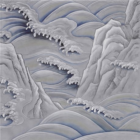 Matsushima Waves Hokusai on Gun Metal dyed silk