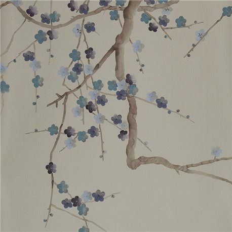 Plum Blossom Hokusai on Pale Grey dyed silk