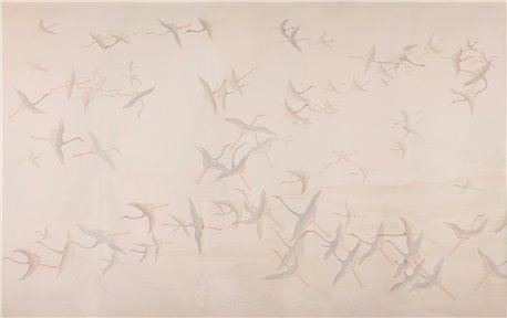 Cranes Scroll Original on Rose Shadow metallic silk