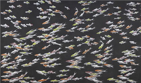 Fishes Koi on Edo Night painted silk