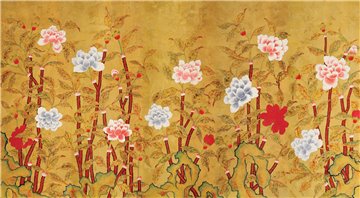 Koren Peony Original on Edo golden Brown painted silk