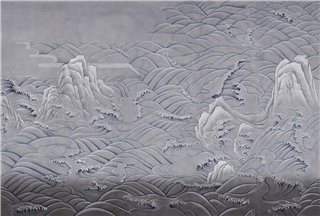 Matsushima Waves Hokusai on Gun Metal dyed silk