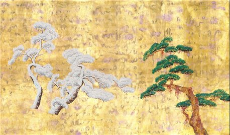 Pine Trees Original on Old Gold gilded paper with pearlescent antiquing
