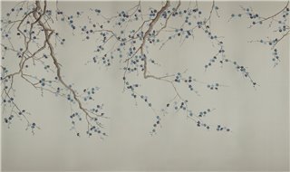 Plum Blossom Hokusai on Pale Grey dyed silk