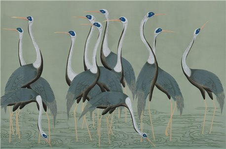 Sarus Cranes Colourway SC-206 on Blue Grey dyed silk