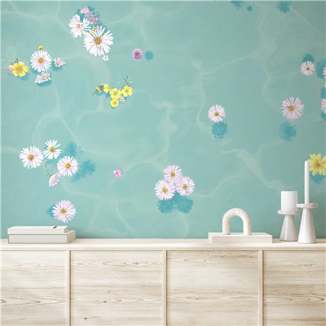 Floral Bath Mural Wallpaper - Blue