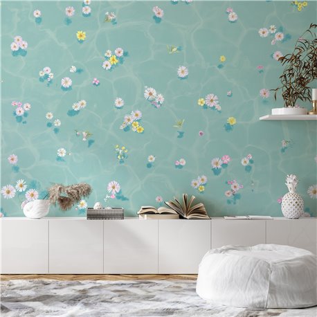 Floral Bath Mural Wallpaper - Blue