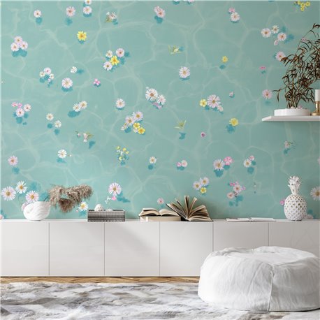 Floral Bath Mural Wallpaper - Blue