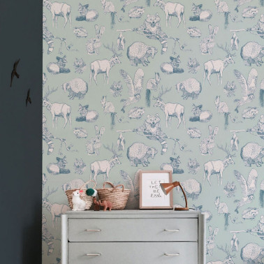 ANIMAL WALLPAPER - FOREST FRIENDS - MINT-SOFT TEAL