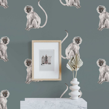 ANIMAL WALLPAPER - FUNKY MONKEY DUSTY TEAL