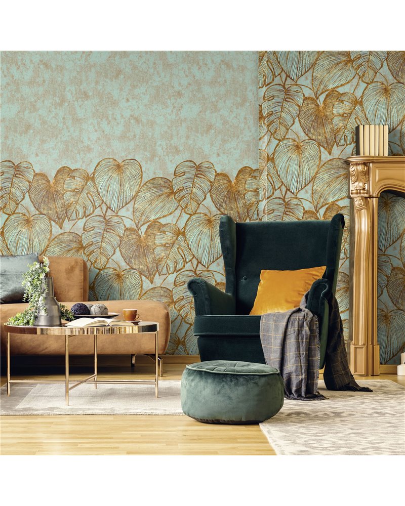 Monstera Twin Wall Teal Gold 26981