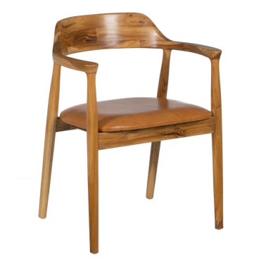 SILLA MARRÓN MADERA TECA-PIEL 58 X 53,50 X 75,50 CM REF.608716