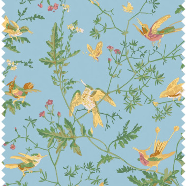 Hummingbirds Cotton Buttercup Yellow On Cornflower Blue F125-3011