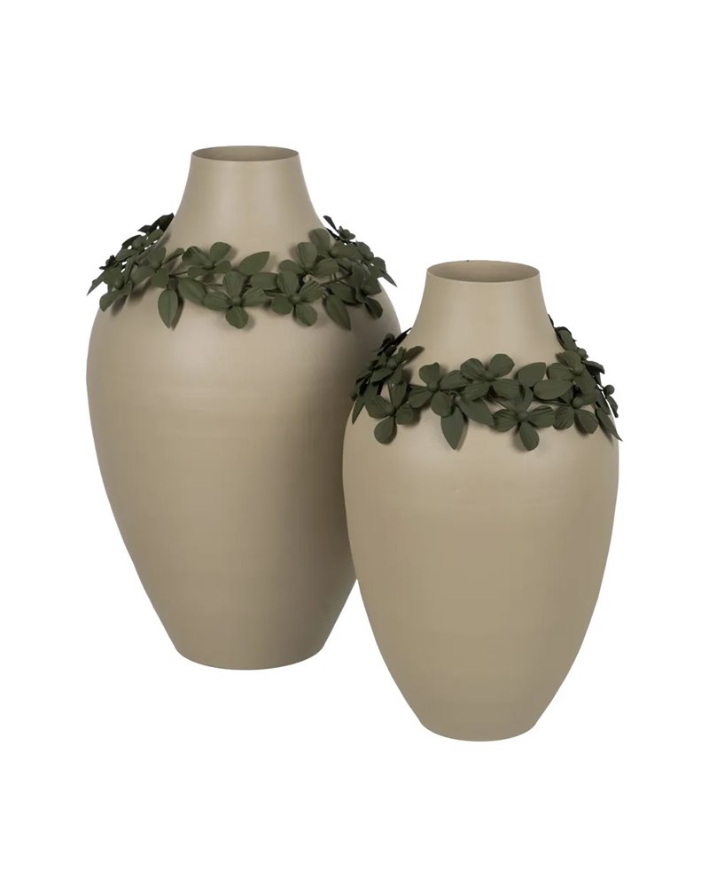 JARRÓN FLORES BEIGE-VERDE METAL 24 X 24 X 44 CM